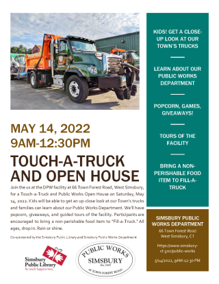 Simsbury Touch-A-Truck and Open House May 14, 2022 9AM-12:30PM