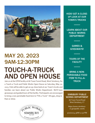 DPW Open House & Touch-A-Truck May 20, 2023, 9AM-12:30PM