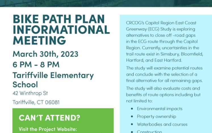 East Coast Greenway Study Bike Path Informational Meeting March 30, 2023 at Tariffville Elementary School, 6-8PM